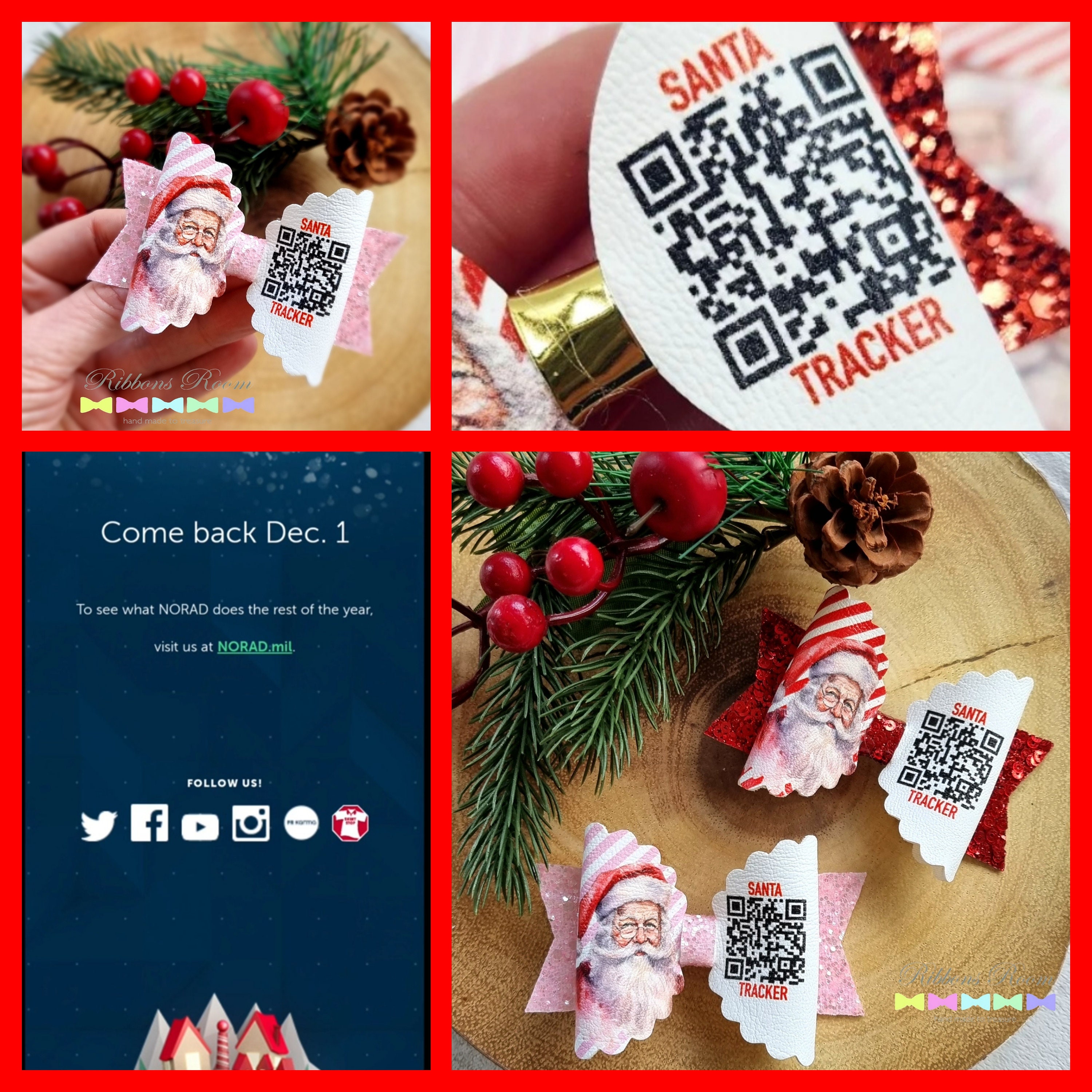 Interactive Santa Tracker Bows, Santa Hair Christmas Eve Box Gift, Tracker Gifts, Red Bow, Pink Christmas Bow