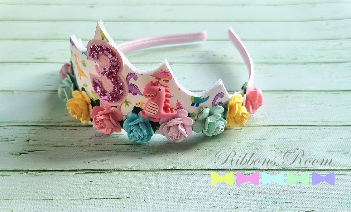 Birthday Tiara, Rainbow Dinosaur Princess Birthday Crown, Childrens Childs Tiara, Girls Party