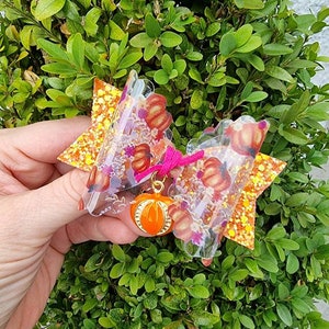 May include: A sparkly orange and gold star-shaped hair bow with a clear pumpkin-patterned overlay and a pink ribbon. A small orange pumpkin charm hangs from the bow.