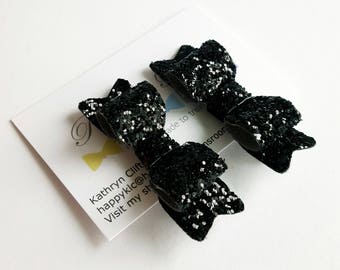 Small black glitter Hair bow Clips, sparkly hair clips, black hair bows,Toddlers, Baby Girl Hair Clips, mini hair slides