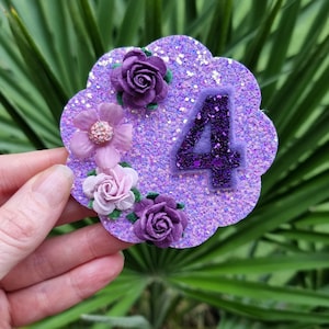 Purple Glitter Birthday Badge: Floral Cake Smash Prop