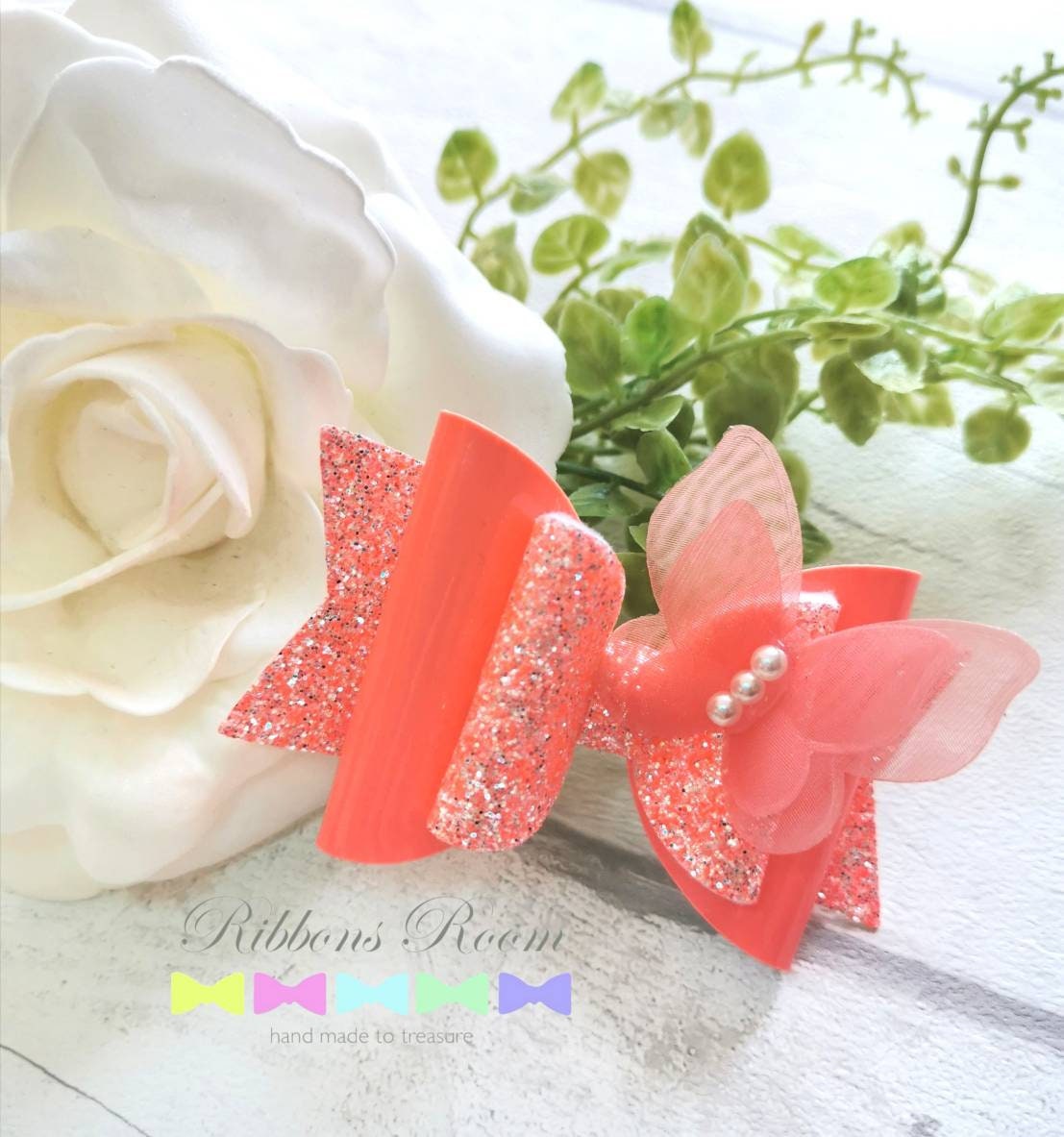 Neon Coral Butterfly Hair Bow, Neon Accessories, Clips, Bright Bows, Glitter Slides, Beach Accessories