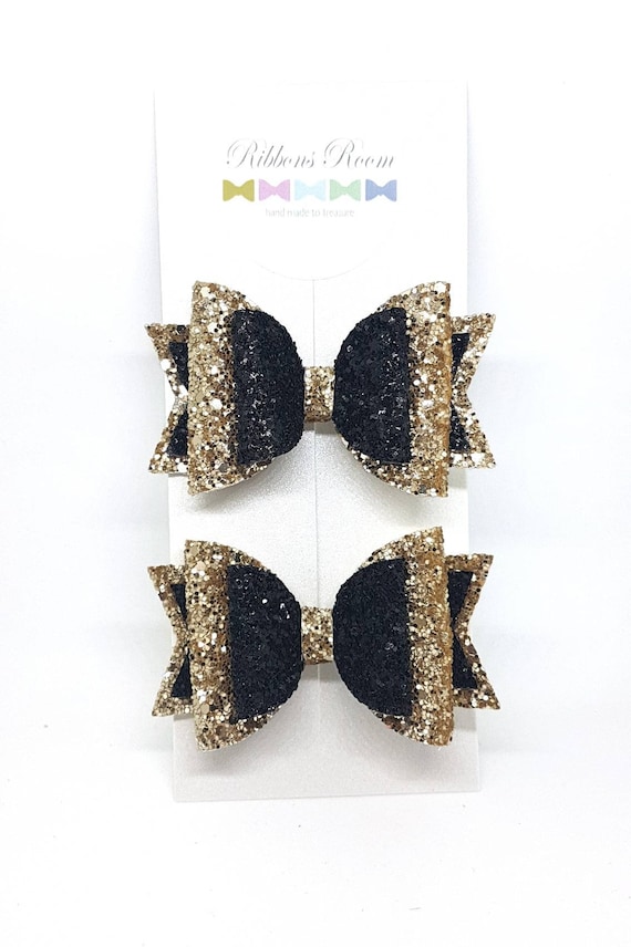 Gold Hair Bow Christmas Bows Glitter Hair Bow Black And Etsy