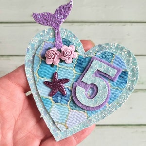 Birthday badge, mermaid birthday badge, cake smash prop, girls birthday badge, 5th birthday badge, glitter badge, mermaid party