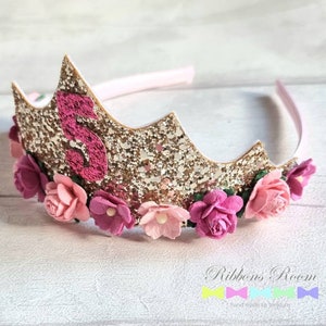 Tiara de cumpleaños, tiara de princesa, tiara dorada y rosa para niñas, corona de cumpleaños, tiara para niñas, tiara de cumpleaños para adultos, accesorio para sesión de fotos, quinto cumpleaños