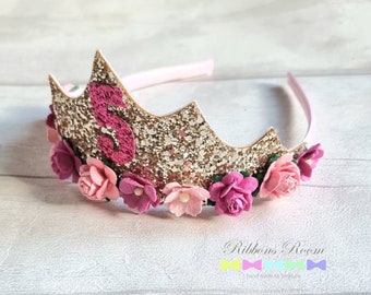 Birthday tiara, Princess tiara,girls gold and pink tiara, birthday crown, childs tiara, adult birthday tiara, photo shoot prop, 5th birthday