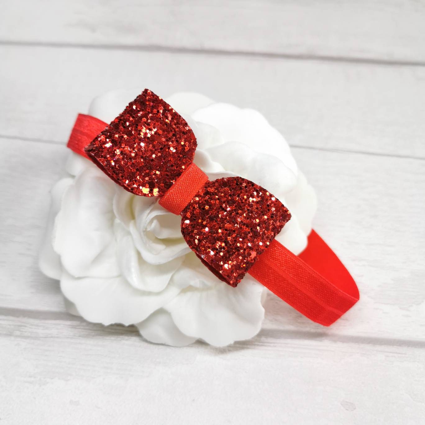 Red Headband, Snow White Baby Flower Girl Hair Bow, Baby Red Glitter Bow