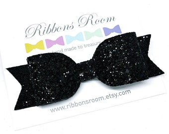 Oversized Black Glitter Hair Bow: Handmade Alligator Clip