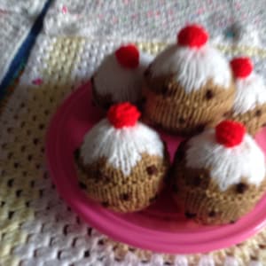 5 hand knitted iced currant buns