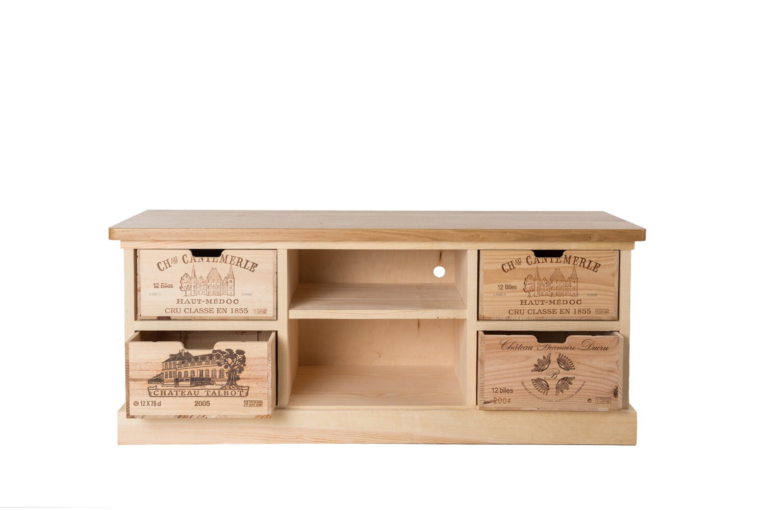 Oak TV Unit Stand Cabinet Made With Rustic Wine Boxes Handmade