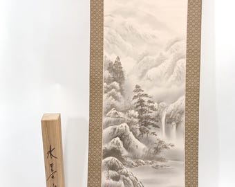 Vintage Japanese Hanging Scroll - Sumi-e Ink Painting of Landscape by Seiji, Traditional Japanese Art for Wall Decor Kakejiku