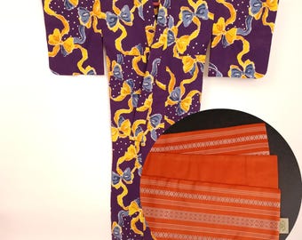 New Japanese Yukata & Used Hanhaba Obi Set – Purple Bold Pattern Kimono with Orange Obi Belt – Summer Cotton Festival Wear – Vibrant Colors