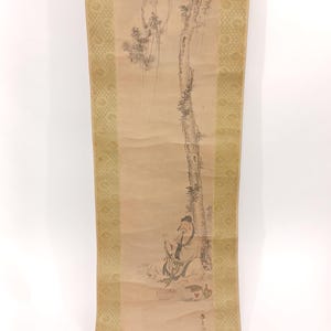 Vintage Japanese Hanging Scroll - Monk and Tree Ink Painting, Traditional Zen Art and Buddhist Sumi-e Wall Decor
