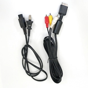 May include: Two black electronic cables with different connectors. One cable has a standard US plug and a rectangular connector. The other has red, yellow, and white RCA connectors and a black connector.