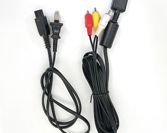 Used Sony PS1 PS2 AV Cable (Official) & Power Cable (Compatible) Set – Japan Import NTSC-J Tested – 100V Only