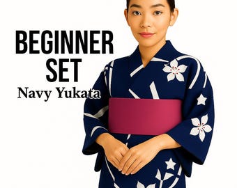Used Navy Yukata Dressing Set with Pre-tied Hanhaba Obi, Kimono Board, Magic Belt & Waist Ties – Easy Summer Kimono Kit