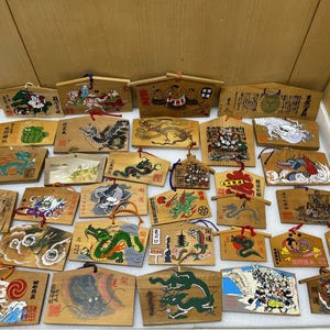 Used Vintage Japanese Ema Wood Plaques Set of 32 Assorted Zodiac Junishi Shinto Shrine Temple Lucky Charm Collection