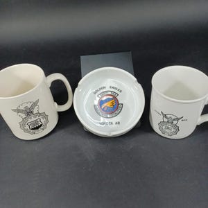 Used Vintage USAF Yokota AB 345th TAS Golden Eagles Ashtray Nanto Pottery Okinawa and Security Police Coffee Mug Military Memorabilia Set