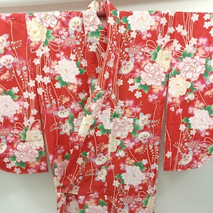 Used Red Kimono Koburisode Floral Peony Cherry Blossom Pattern Traditional Japanese Costume Oversized Kimono Lightweight Comfortable Poly