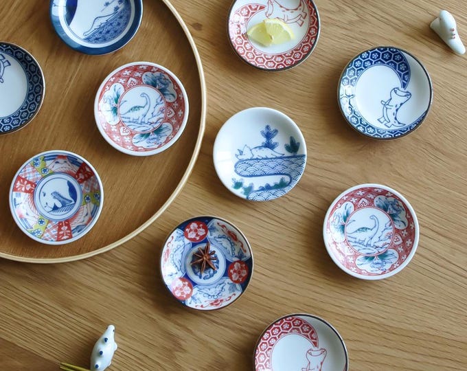 Pick One Plate - Affordable | Dinosaur Pottery Dish - Japanese Small Plate - Mini Ceramic Plate for Soy Sauce, Condiments or Everyday Use