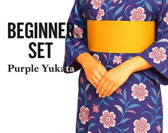 Used Purple Yukata Dressing Set with Pre-tied Hanhaba Obi, Kimono Board, Magic Belt & Waist Ties – Easy Summer Kimono Kit - Bonus Kanzashi
