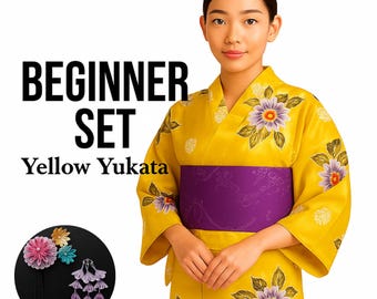 Used Yellow Yukata Dressing Set with Pre-tied Hanhaba Obi, Kimono Board, Magic Belt & Waist Ties – Easy Summer Kimono Kit - Bonus Kanzashi