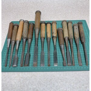 Used Lot of 14 Japanese Woodworking Chisels Nomi Professional Carpenter Tools Mixed Sizes Traditional Hand Forged For Woodwork Restore Japan