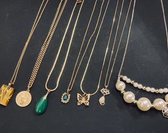 Used 7 Pcs Gold Color Necklace Lot Mixed Motifs Chain Length 15.7-23.6in Pendant Set Costume Jewelry Accessory Women