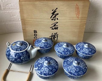Used Arita Ware Japanese Tea Set by Tsurumatsu – Blue Peony Kyusu Teapot & 5 Lidded Yunomi Cups w/ Box| Forgot Souvenir