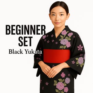 Used Black Yukata Dressing Set with Pre-tied Hanhaba Obi, Kimono Board, Magic Belt & Waist Ties – Easy Summer Kimono Kit