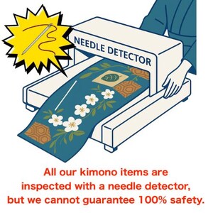 May include: Illustration of a needle detector machine inspecting a blue kimono fabric with white floral and geometric patterns. A yellow burst with a needle and thread graphic is in the upper left. The text "NEEDLE DETECTOR" is above the fabric.