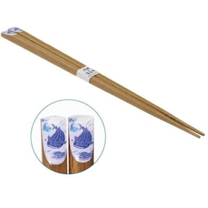 May include: A pair of wooden chopsticks with a decorative design. The ends feature a blue whale illustration on a white background with blue wave accents. A white label is wrapped around the chopsticks.