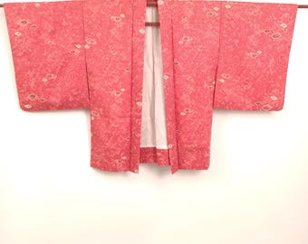 Used Japanese Haori Kimono Jacket - Vintage Unisex Kimono Coat with Elegant Floral Motif from Japan