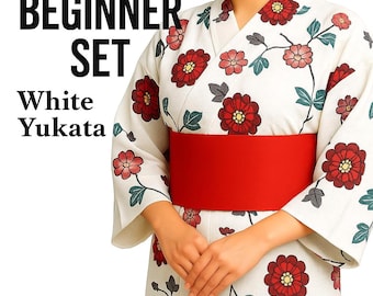 Used White Yukata Dressing Set with Pre-tied Hanhaba Obi, Kimono Board, Magic Belt & Waist Ties – Easy Summer Kimono Kit