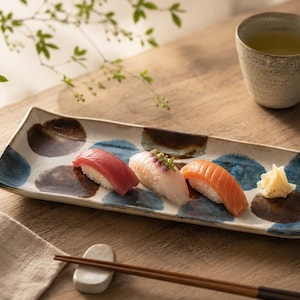 Awasaka Mino Ware Long Rectangular Plates, Brush Blue Japanese Tableware Set, Wabi Sabi Serving Dish