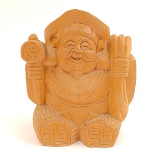 Used Hand-Carved Wooden Daikokuten Statue 7.9in Japanese Lucky God of Wealth Folk Art Sculpture with Mallet & Sack