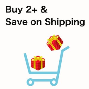 May include: A light blue shopping cart graphic with two red gift boxes with yellow bows. The text "Buy 2+ & Save on Shipping" is in black above the cart.