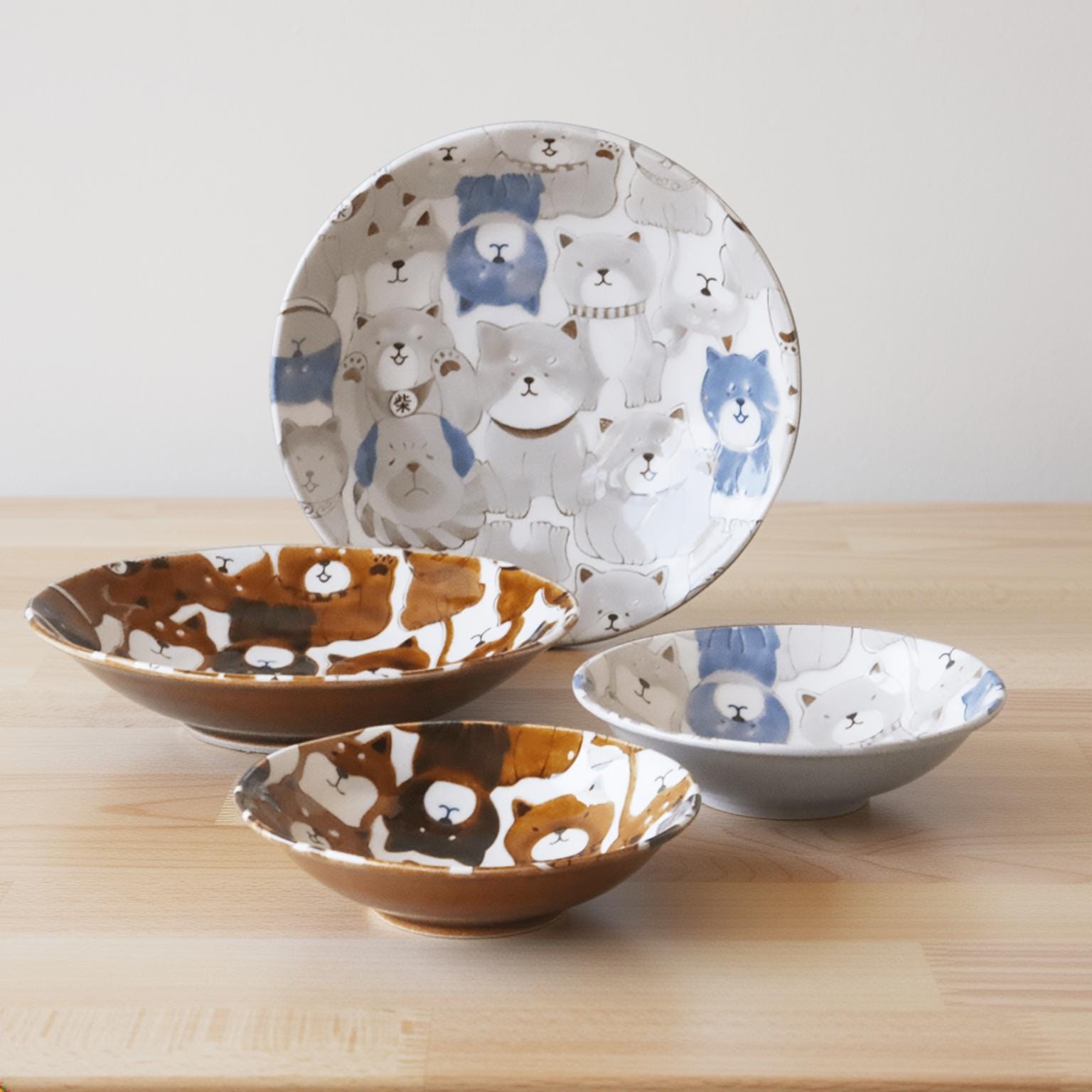 Japanese Dog Design Dinnerware Set of 4 Minoyaki Porcelain Bowls
