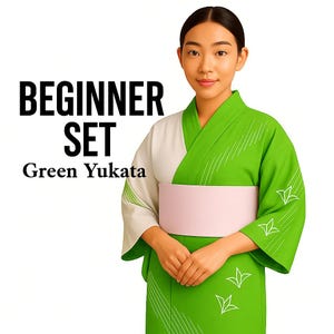 Used Green Yukata Dressing Set with Pre-tied Hanhaba Obi, Kimono Board, Magic Belt & Waist Ties – Easy Summer Kimono Kit
