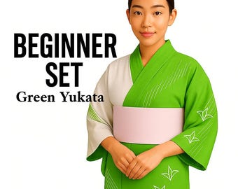 Used Green Yukata Dressing Set with Pre-tied Hanhaba Obi, Kimono Board, Magic Belt & Waist Ties – Easy Summer Kimono Kit