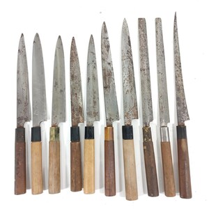 Used Vintage Japanese Sashimi Knife Set 10pc Yanagiba Signed Rust Damaged For Restore Bulk Lot Repurpose DIY Sharpening Craft Traditional