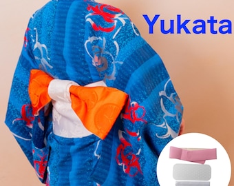 Used Japanese Yukata & Hanhaba Obi Set – Blue Floral Kimono with White and Orange Obi Belt – Summer Cotton Festival Wear – Bold Elegant Look