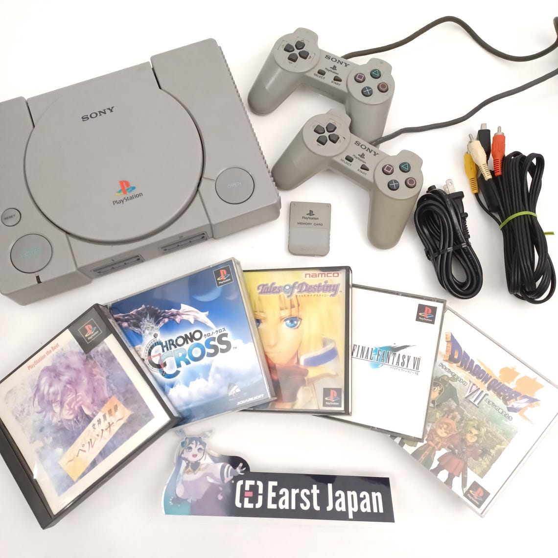 Used Random 5 RPG Game Set Sony PlayStation 1 PS1 Console Set with 2 Controllers, AV Cable, Power Cable - Tested Working Japanese NTSC-J, foto 1 di 5