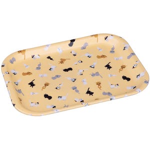May include: A rectangular serving tray with rounded corners. The tray has a light yellow background and is covered with a repeating pattern of various cat illustrations in black, white, and brown. The tray is empty.