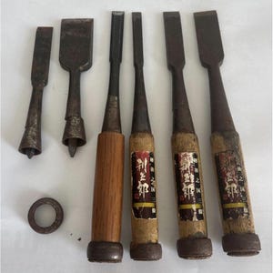 Used Vintage Japanese Chisel Nomi Set Junk Lot for Restore Woodworking Hand Tools 4 Chisels 2 Spare Blades 1 Katsura Ferrules DIY Project
