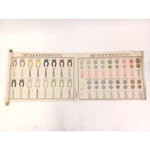 May include: A horizontal paper scroll featuring two distinct sections of printed illustrations. The left side displays rows of U-shaped decorative tassels in various colors, while the right side shows circular patterned ornaments with hanging tassels.
