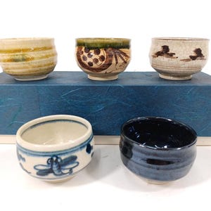 Used Set of 5 Japanese Sake Cups Ochoko Guinomi Pottery with Hand Painted Floral Interior Design Traditional Sake Set for Barware Gift Japan