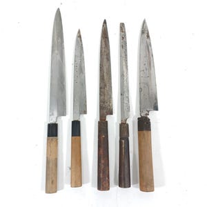 Used Vintage Japanese Sashimi Knife Set 5pc Yanagiba Signed Rust Damaged For Restore Bulk Lot Repurpose DIY Sharpening Craft Traditional