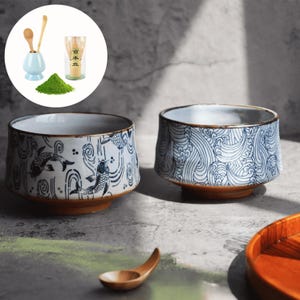 Handmade Mino-Ware Matcha Bowl Chawan with Koi Fish & Great Wave Design, Japanese Ceramic. Includes Wooden Gift Box and Optional Starter Kit