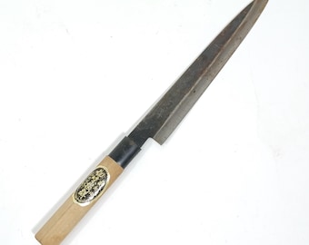 Used Japanese Sashimi Knife For Restoration Vintage Hand Forged Carbon Steel Blade For Sharpening Practice DIY Project Repair Total 13.4in